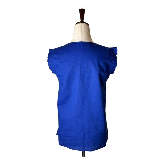 Jade Shirt Women Small Blue Linen Blend Ruffled V Neck Top Preppy Lagenlook - Picture 2 of 9